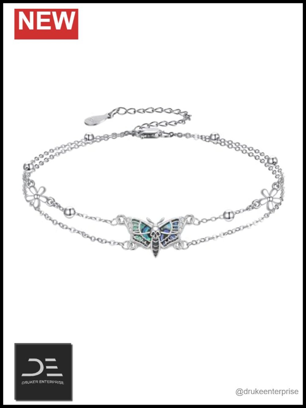 925 Sterling Silver Moth Bracelet Double Layered Link Jewelry Gift for Women